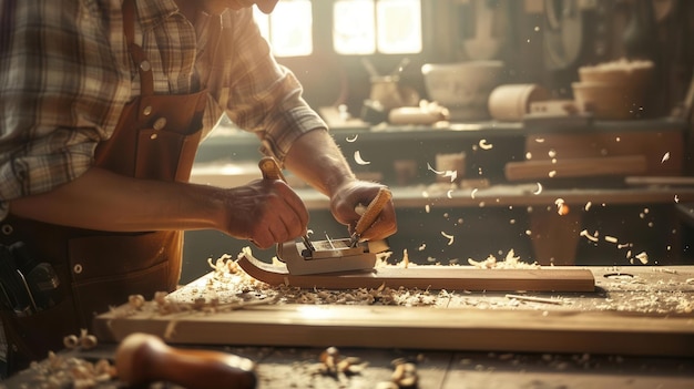 Skilled Carpenter Ensuring Wood Stability with Clamp Craftsmanship concept