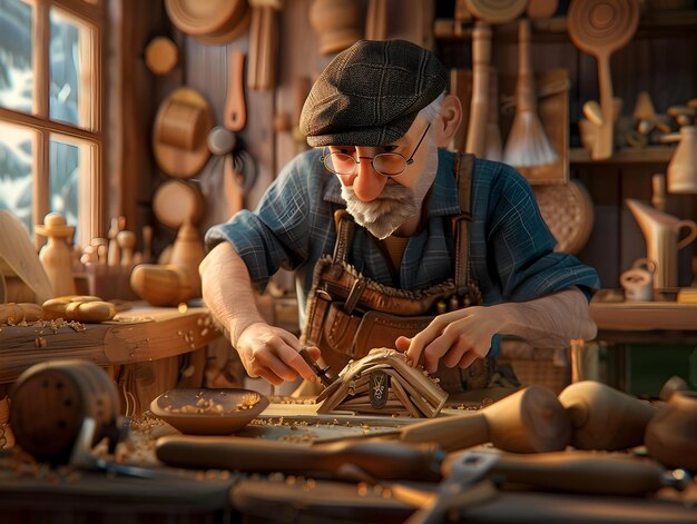 Photo skilled carpenter meticulously carving ornate wooden figurine in cozy workshop with natural lighting