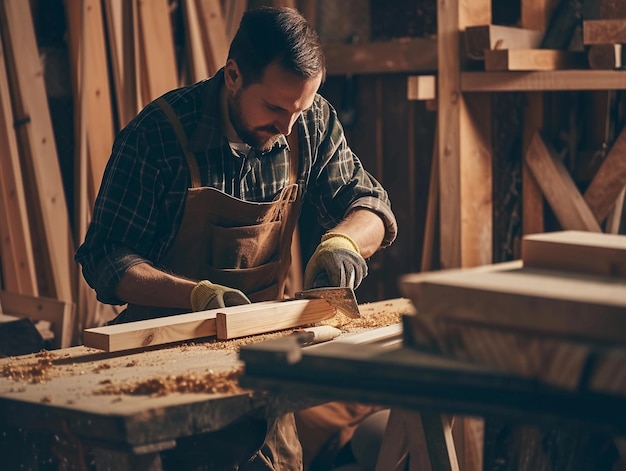 A skilled carpenter meticulously shapes wood in his workshop