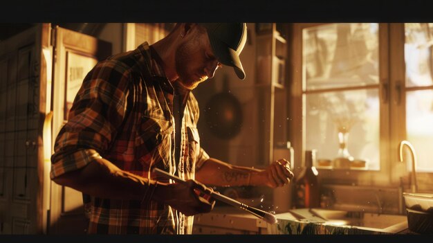 Photo skilled carpenter painting a wall craftsman at work concept