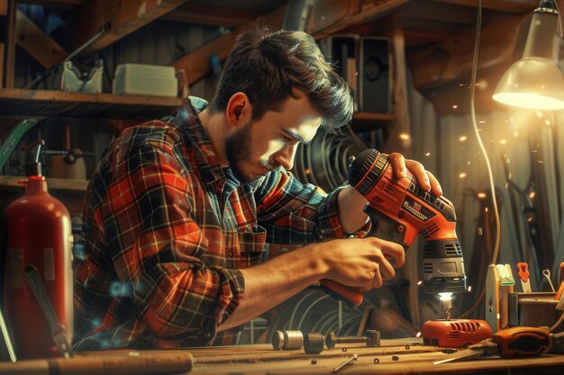 Photo skilled carpenter working with power drill craftsmanship concept