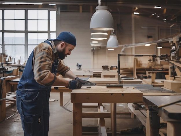 A skilled carpenter works inside a modern workshop with metal tools