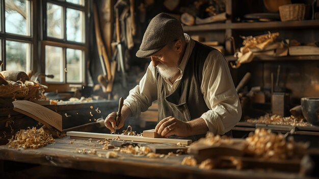 skilled carpenter in a workshop surrounded by tools and wood shavings crafting with precision