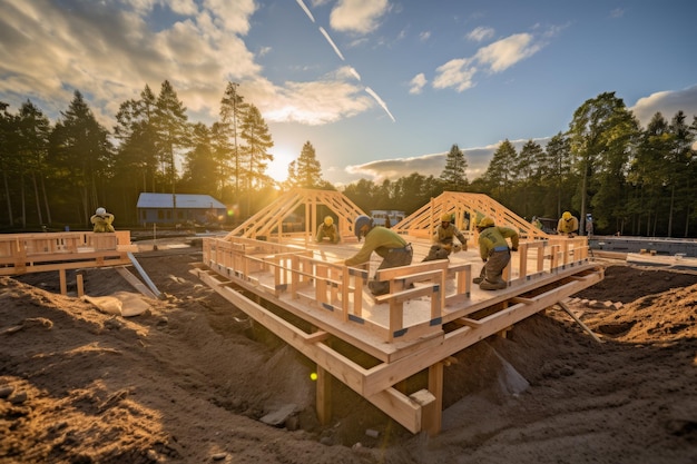 Skilled carpenters constructing a house using wooden beams in a detailed process