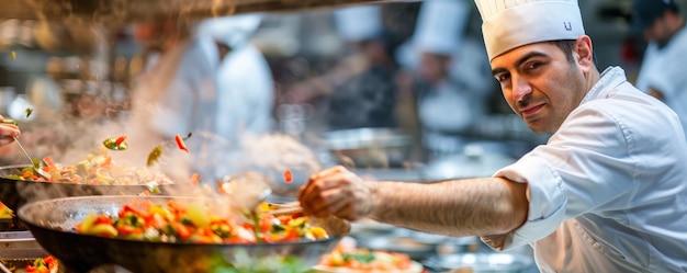 A skilled chef frying vegetables in a bustling kitchen