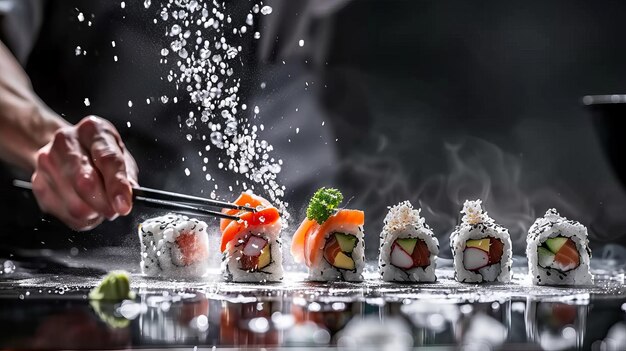 Skilled chef handling chopsticks with flying sushi showcasing expert japanese culinary technique