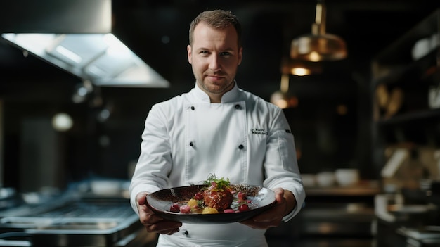 Photo a skilled chef showcases a mouthwatering dish with pride