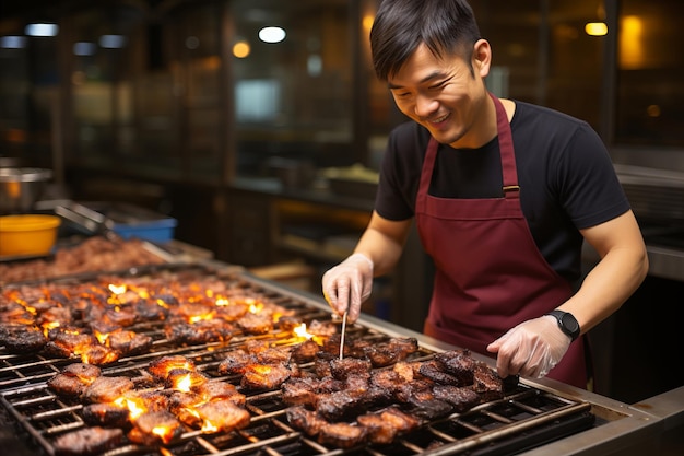 A skilled chef in traditional clothing expertly grills a succulent cut of meat over an open flame