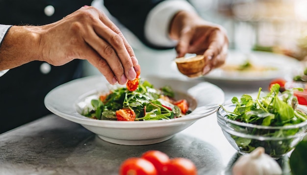 Skilled chef in uniform adds aromatic spices to enhance the flavor of a gourmet dish showcasing cul