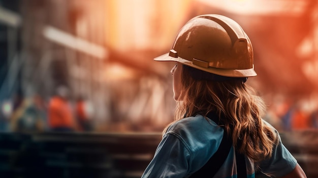 Skilled construction woman worker with a hard hat building site Generative AI