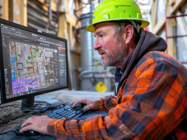 Photo skilled construction worker using computer for onsite design and planning experienced worksite pc