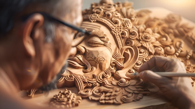 Photo skilled craftsman carving intricate wooden sculpture