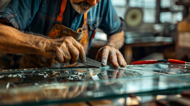 Photo a skilled craftsman meticulously shaping and polishing a glass sheet in a workshop filled with tools and equipment showcasing craftsmanship