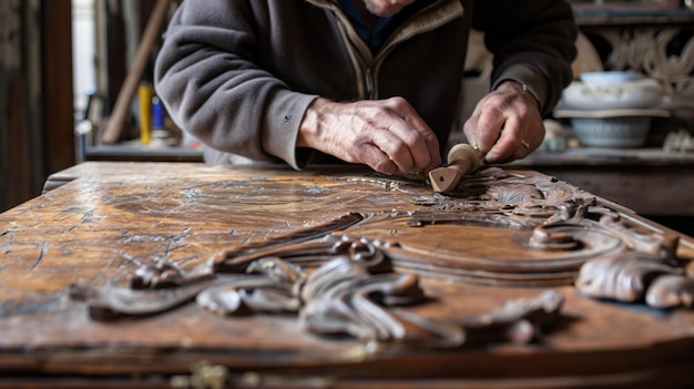 Skilled craftsman restorer is carefully restoring the intricate details on an antique wooden furniture piece