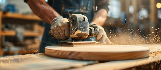 Photo skilled craftsman sanding wooden surface in workshop with power tool creating sawdust and smooth finish