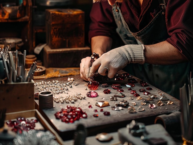 Photo skilled craftsperson working with red gemstones in a workshop