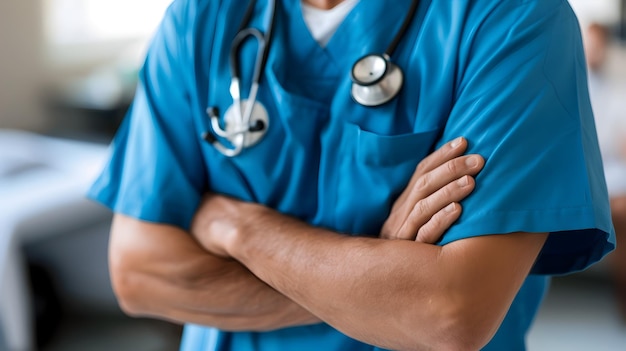 Skilled Doctor in Blue Uniform Providing Compassionate Medical Care