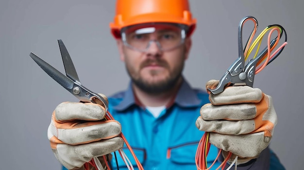 Skilled Electrician Holding Wire Cutters and Electrical Wires