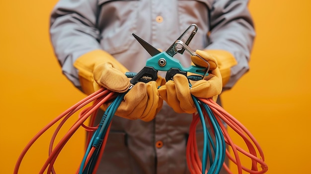 Photo skilled electrician holding wire cutters and electrical wires