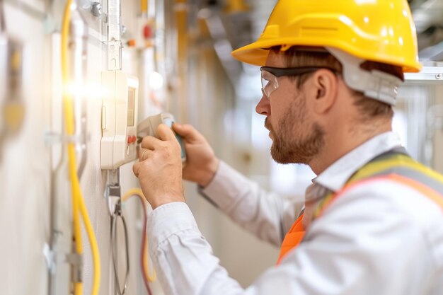 Photo a skilled electrician is focused on wiring a control panel in a busy commercial building ensuring systems operate efficiently during work hours