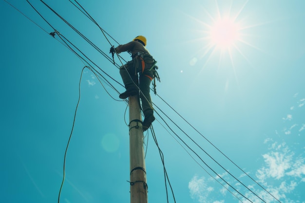 Skilled Electrician Performing Maintenance on Power Lines Against Clear Blue Sky