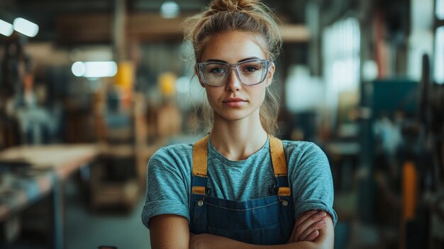 Photo skilled female carpenter working precisely with power tools