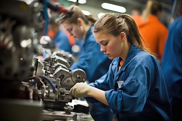 Skilled individuals operating various machines in a manufacturing or industrial