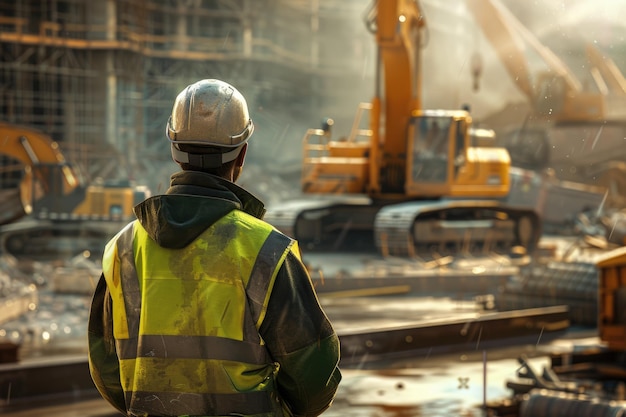 Skilled industrial worker standing and looking at building construction aig