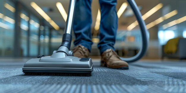 Skilled Janitor Utilizing Industrial Vacuum for Office Cleaning on Behalf of Cleaning Services Company Concept Janitorial Services Industrial Vacuuming Office Cleaning Cleaning Services