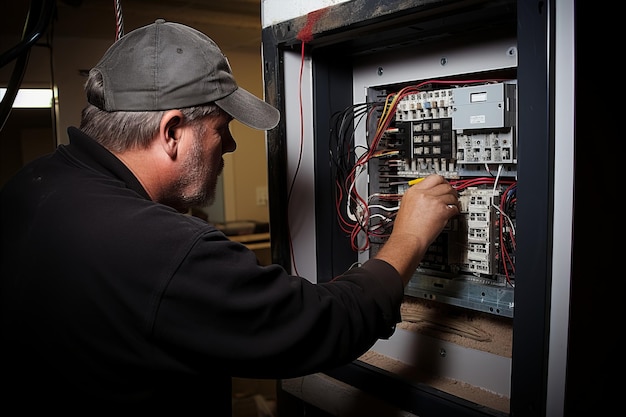 Skilled Male Electrician Expertly Installing Electrical Equipment for Optimal Functionality