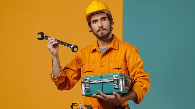 Photo skilled mechanic holding wrench and toolbox