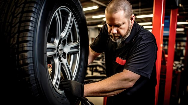 Skilled Mechanic at Work A professional mechanic expertly handles tire replacement in an automotive repair garage ensuring vehicles are equipped with the right tires for the season