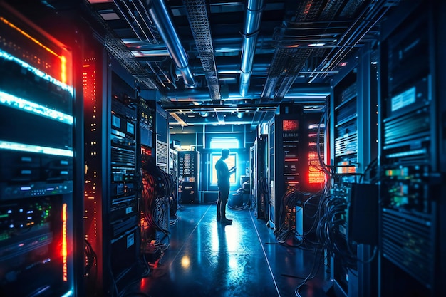 A skilled network engineer diligently working amidst a labyrinth of advanced technology within a cuttingedge server room