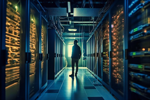 A skilled network engineer diligently working amidst a labyrinth of advanced technology within a cuttingedge server room