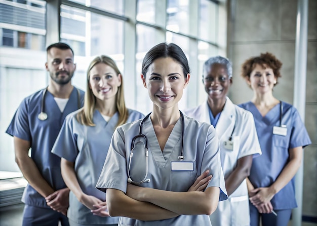 Photo a skilled nurse collaborates with colleagues delivering care in a busy hospital setting