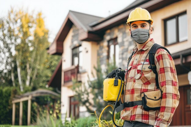 Photo a skilled pest control technician equipped with a spray device stands ready to address pest issues outside a charming suburban residence the professional wears safety gear and a mask