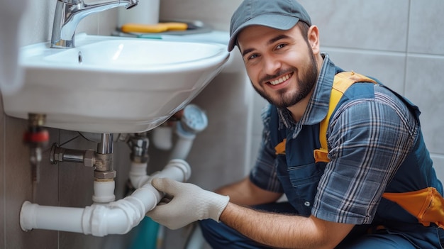 Photo skilled plumber working under a white sink in a welllit bathroom smiling and repairing pipes during the afternoon