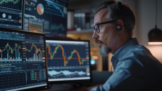 A Skilled Portfolio Manager Analyzing Stocks on Advanced Computer Screens in a Modern Office Setting