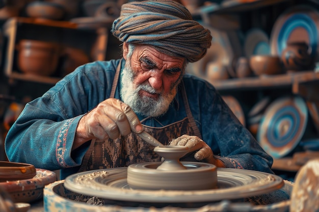 A skilled potter in his later years creates a new piece on his revolving wheel while surrounded by the equipment used in his ageold trade An Old Craftsman Focusing on the Pottery Wheel Generative AI