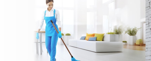 Skilled professional man cleaner in blue uniform office home cleaning services copy space banner