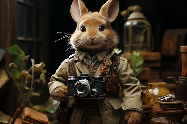 Photo a skilled rabbit dressed as a photographer ai generated