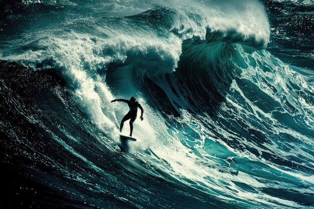 Photo a skilled surfer rides a colossal wave showcasing agility and passion against the vibrant backdrop of ocean energy