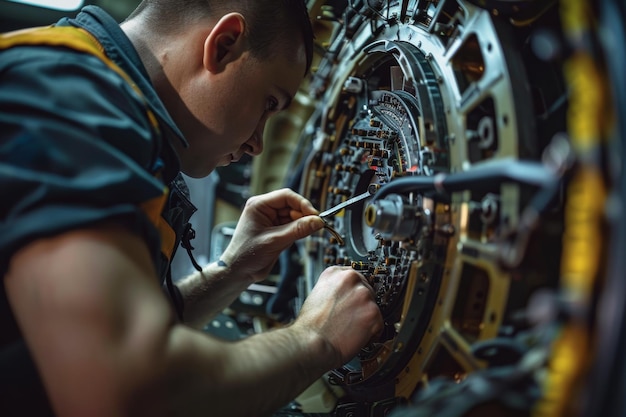 Photo skilled technician performing detailed work on aircraft component background for industrial poster