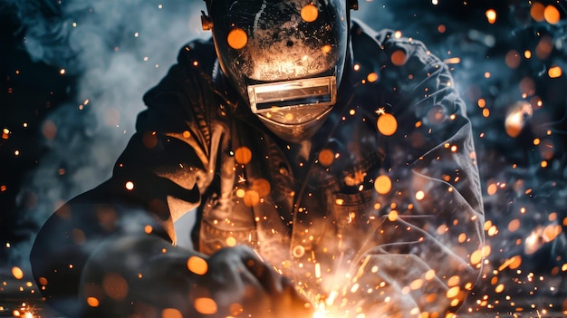 Photo a skilled welder creates vibrant sparks while shaping metal showcasing dedication in a dimly lit factory space emphasizing artistry and craftsmanship