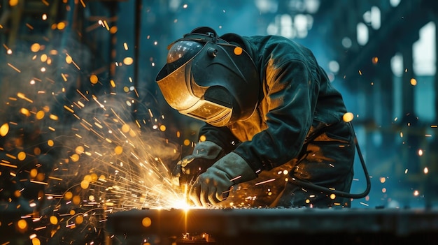 A skilled welder in full gear creating intricate and precise welds on a large metal structure