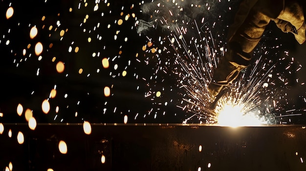 Photo a skilled welder at work on a steel beam with sparks flying in an industrial setting