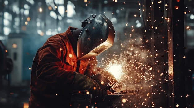 Photo a skilled welder working on intricate metal fabrication surrounded by flying sparks