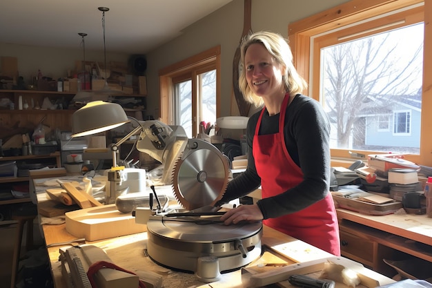 Skilled woman using saw to cut wood for baseboards in kitchen interior remodeling project