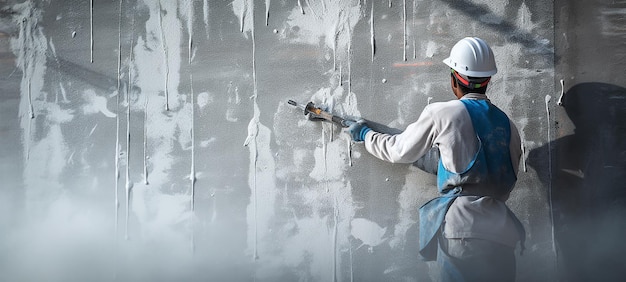 Skilled Worker Plastering Concrete at Wall