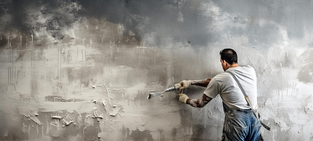 Skilled Worker Plastering Concrete at Wall